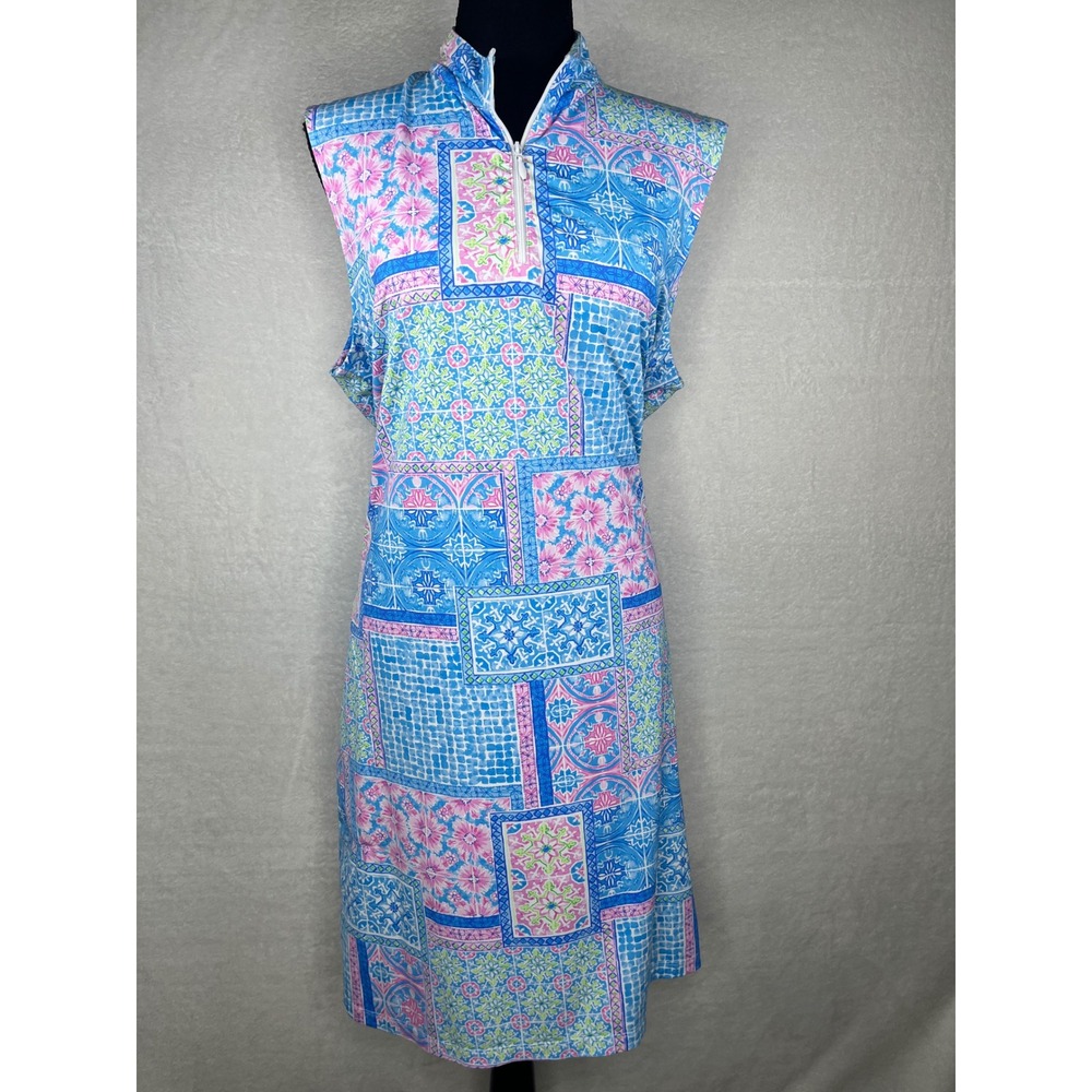 Kenny Dana XL Blue Pink Tile Print Sleeveless‎ Zip Up Golf Dress Women's